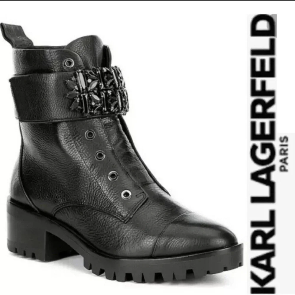 Karl Lagerfeld Paris Pippa Crystal Embellished Platform Combat Boots Women’s 8M - Picture 1 of 8